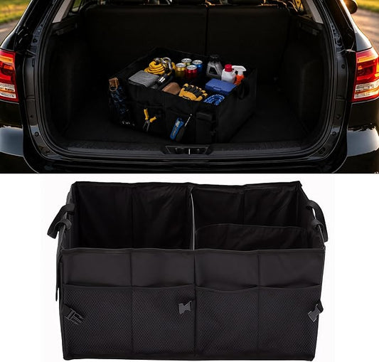 Car Trunk Organizer, Collapsible Multi Compartment Vehicle Storage Box, Waterproof Adjustable Automotive Organization Container Accessories, Universal for SUV, Sedan, Truck (Black)