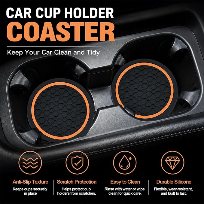 4PCS Car Cup Holder Coasters - 2.75 Inch Non-Slip Insert Water Bottle Holder Pads, Dustproof Automotive Interior Accessories Mat, Universal for Vehicles, Trucks, RVs (Orange)