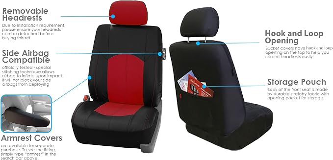 FH Group Automotive Seat Cover Highest Grade Faux Leather Red Black Full Set, Combo Car Seat Cover Design Airbag Compatible Split Bench Tan Car Seat Covers Interior Accessories Universal Fit Truck SUV