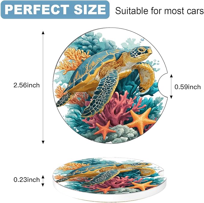 Car Cup Holder Coaster Set of 2, 2.56 in Ceramic Coasters, Scratch-Resistant Cork Backing, Finger Groove Design for Easy Placement, Cute Car Accessories Interior for Women (Blue Turtle)