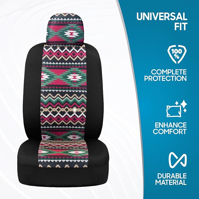 BDK Pink Inca Car Seat Covers for Front Seats, 2 Pack– Geometric Print Front Seat Cover Set with Matching Headrest, Sideless Design for Easy Installation, Universal Fit for Car Truck Van and SUV
