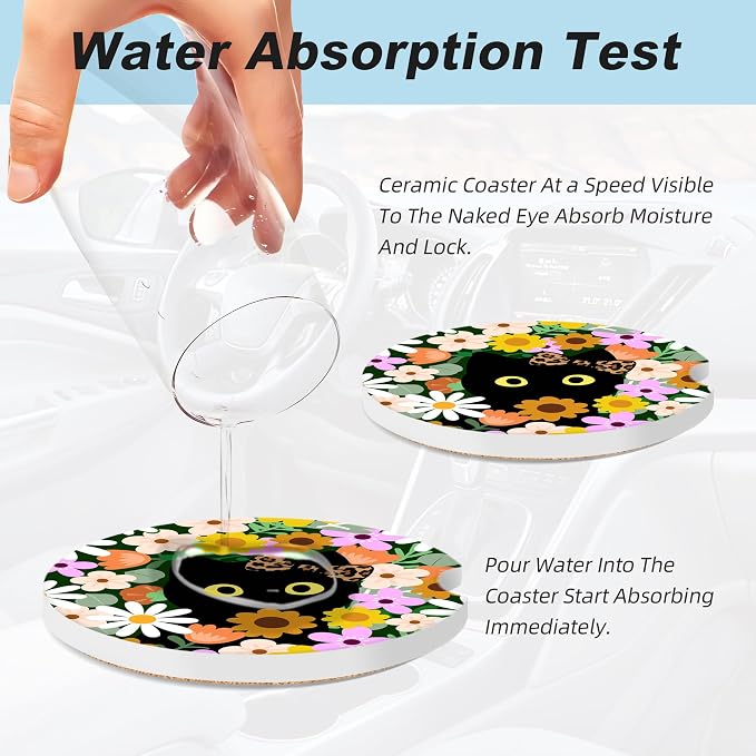 Flower Cute Black Cat Car Coasters for Cup Holders,2 Pack Car Cup Holder Coasters for Car,Ceramic Absorbent Car Coaster with A Finger Notch and Cork Base,Car Interior Accessories for Women Men