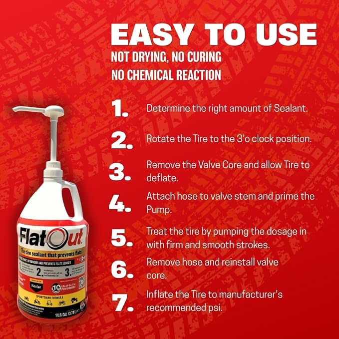 Flat Out Tire Sealant Sportsman Formula - Prevent Flat Tires - Seal Leaks - Sportsman Formula with Valve Core Tool - Contains Kevlar - Tubeless Tire Sealant - Fast-Acting Formula - 1 Gallon