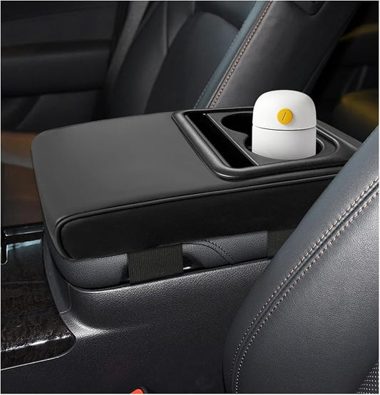 Car Center Console Armrest Pillow, Memory Foam Auto Armrest Box Cover with Cup Holder and Phone Holder, Waterproof Leather Arm Rest Protector Cushion, Interior Car Accessories (Black)