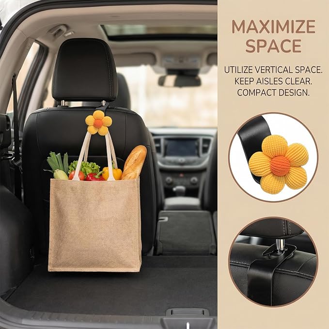 2PCS Car Seat Headrest Hook, Cute Flower Vehicle Backseat Purse Handbag Storage Hanger, Floral Auto Seat Back Holder Hook for Coat Umbrella Grocery, Universal for Vehicles (Yellow)