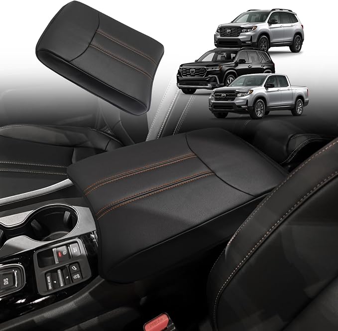 Muslogy Center Console Armrest Cover Fit for Honda Pilot 2023-2026, 2024-2026 Ridgeline/Passport Accessories, Comfort Armrest Pad Console Lid Cushion Vegan Leather Regular Thick(Black/Orange Trim)