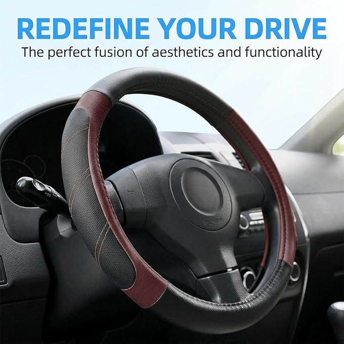 Osilly Car Steering Wheel Cover, 14.5-15" Leather Breathable Anti-Slip Stylish Steering Wheel Protector, Comfortable Auto Interior Decoration Accessories, Universal for SUV Van Truck (Black Wine Red)