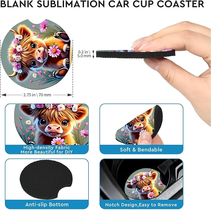 2 Pack Highland Cow Floral Car Cup Holder Coasters Universal Neoprene Mat | 2.75" Universal Size Anti Slip Rubber Mat, Auto Cup Holder Accessories for SUV Truck, Cow Lovers Gifts for Women Men Mom