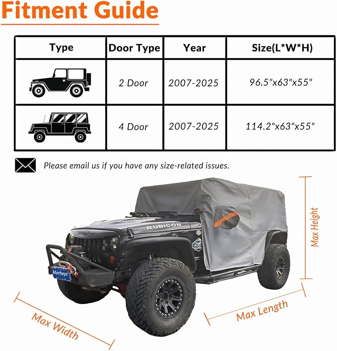 Waterproof Cab Cover for Jeep Wrangler JK JL 2 Door | Zipper access, windproof design, soft cotton lining, all-weather protection against rain, snow, UV rays and dust