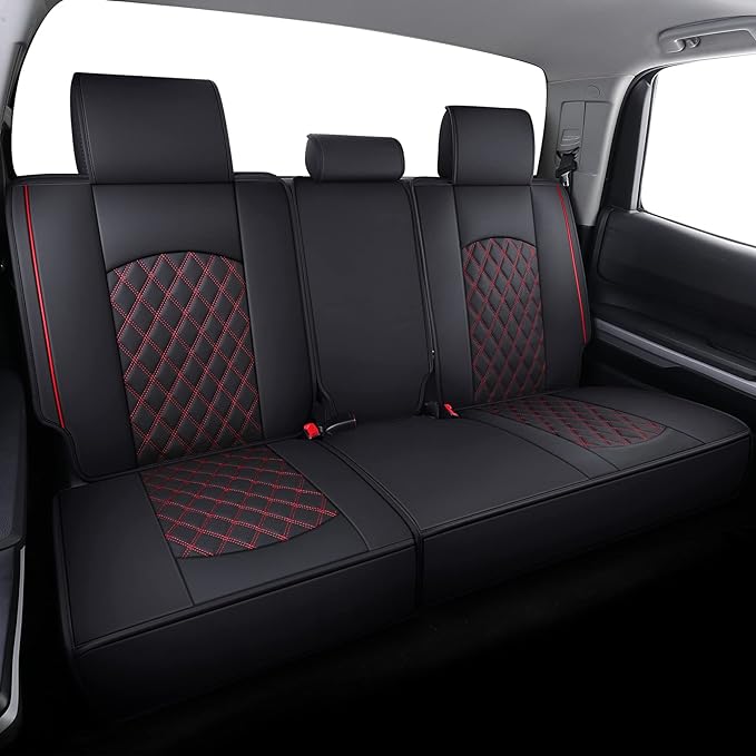 YIERTAI Trucks Seat Covers Compatible with 2008-2023 2024 2025 2026 Toyota Tundra SR5 Crewmax Double Cab Crew Extended Cab Pickup Waterproof Leather Seat Protectors(5 PCS Full Set/Black-Red)