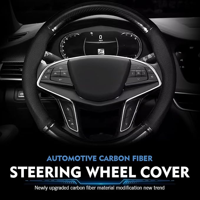 1 Pack Car Steering Wheel Cover Carbon Fiber, Leather Non-Slip Protector, Breathable All Season Universal Fit for Most Cars, Trucks, SUVs (Circular-Shape)