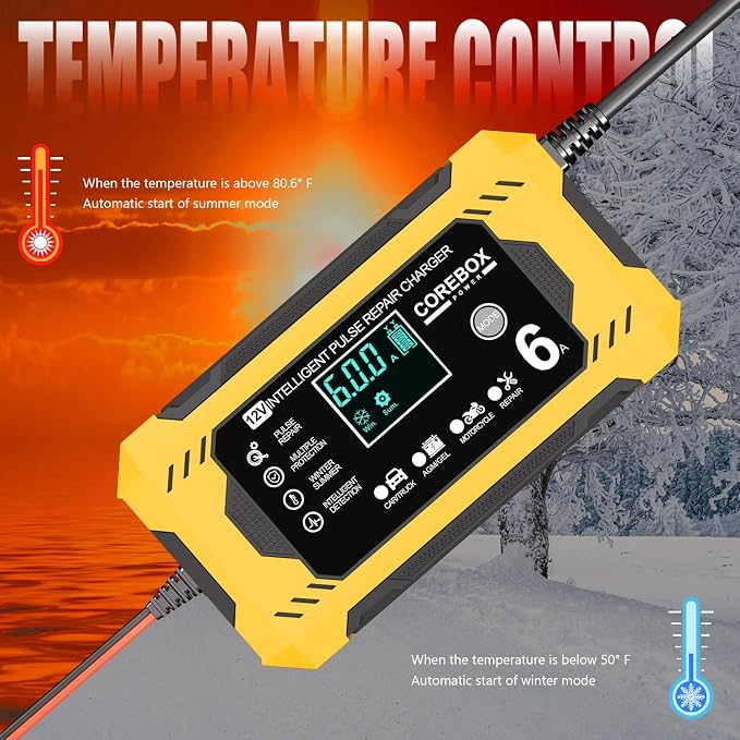 Corebox Battery Charger 6-Amp 12V Automatic Smart Battery Trickle Charger, Battery Maintainer Desulfator with Temperature Compensation for Car Truck Motorcycle Lawn Mower Marine