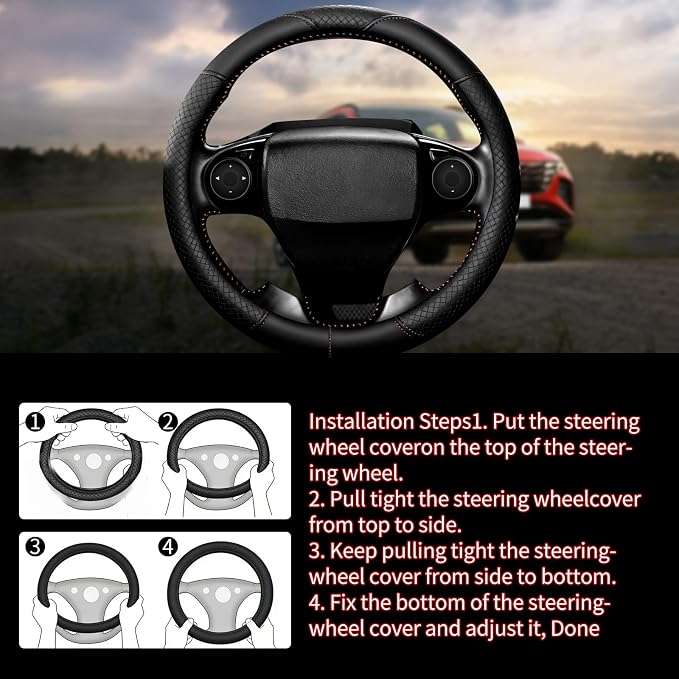 Steering Wheel Cover with Anti-Slip Leather Grip Compatible with Ford, Toyota, Honda, Nissan, and Chevrolet Vehicles for 14.5-15.35 inch Round Steering Wheels Universal Car Accessories