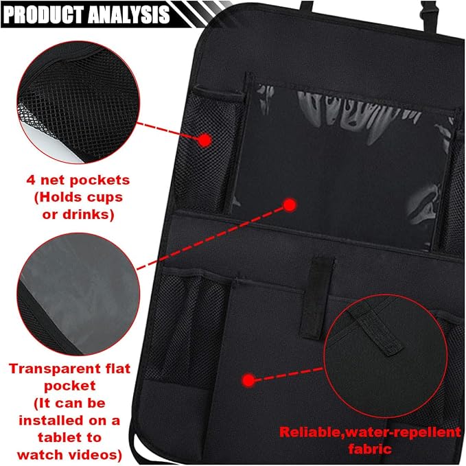Car Backseat Organizer with Clear 10" Tablet Holder + 5 Storage Pockets - Seat Back Protector Kick Mats for Kids - Car Back Seat Storage Organizer - Road Trip Essentials Travel Accessories (1PC)