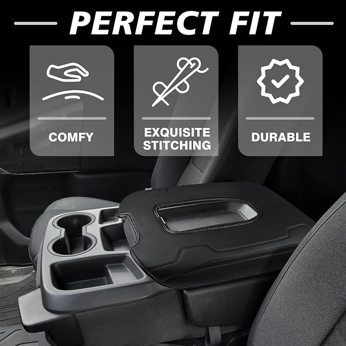 Muslogy Center Console Armrest Cover Fit for Chevy Silverado & GMC Sierra 2019-2026 Accessories, Comfort Armrest Pad Console Lid Cushion Vegan Leather Regular Thick(Split Bench Seat Console ONLY)