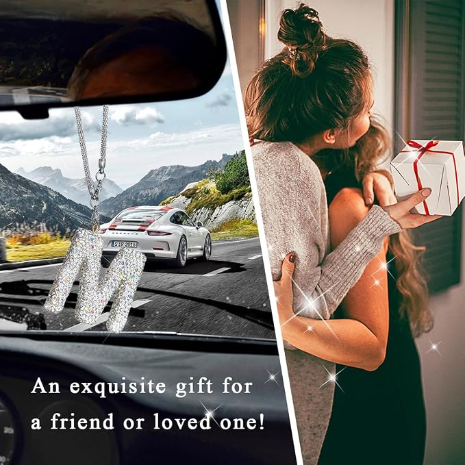 DXNQ Bling Initial Car Rear View Mirror Ornament, Crystal Sparkling Cute Letter Charm Pendant Auto Decor, Hanging Lucky Diamond Initial Charm Car Mirror Bag Ornament for Girl Women (Letter M)