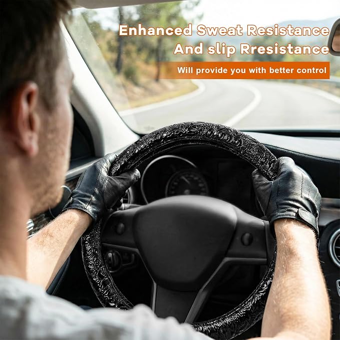 Leather Car Steering Wheel Cover, 15 Inch Anti-Slip Crocodile Pattern Steering Wheel Wrap with Rose Grain, Comfortable Grip Wheels Protector for Cars SUVs Trucks, Car Accessories (Black)