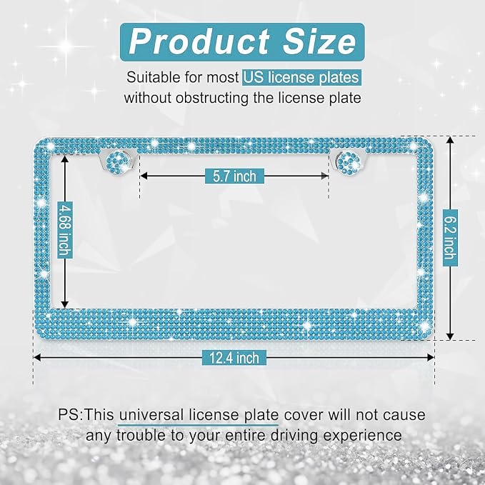 Amiss Bling License Plate Frame for Women, 1Pack Rhinestone Handcrafted Crystal Premium Stainless Steel, Stainless Steel Car Decorative Accessories with Diamond Sparkle Glitter Caps (Blue)