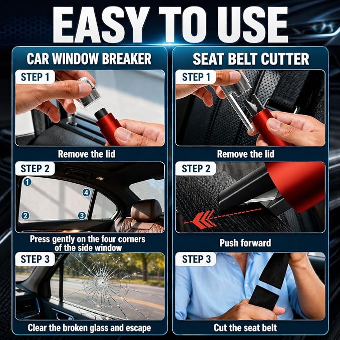 2-in-1 Window Breaker Seatbelt Cutter, Underwater Glass Breaker Window Punch with Tungsten Tip, Safety Kit Emergency Escape Tool with Test Glasses for Vehicle Accidents (Red & Black & Grey)