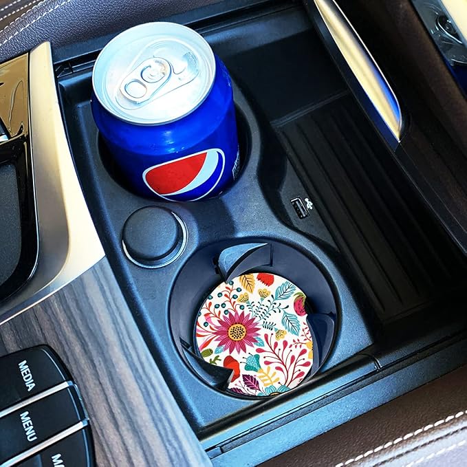 Sunflower Small 2.56" Absorbent Auto Coasters 2 Pack, Ceramic Car Accessories, Absorb Spills to Keep Cupholders Clean