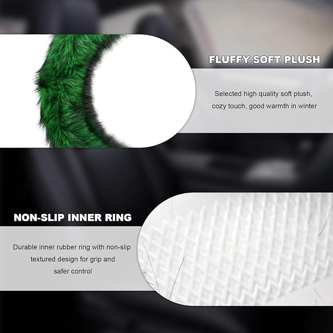 Fluffy Steering Wheel Cover, 15 Inch Anti-Slip Microfiber Plush Fuzzy Steering Wheel Cover, Winter Warm Elastic Fuzzy Steering Wheel Covers for Women and Men, Car Accessories (Green)