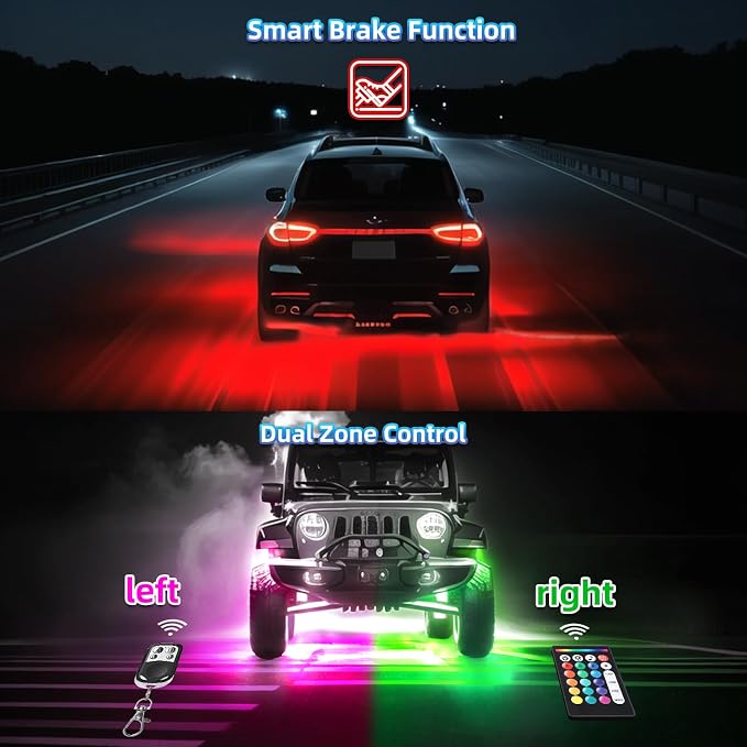 20Pods RGB LED Rock Lights Kit with APP/RF Remote Control, Car Underglow Lights with Dual Zone Brake Multicolor Neon Underbody Light Waterproof 12V for Trucks Pickup Jeep SXS Golf Cart ATV UTV RZR