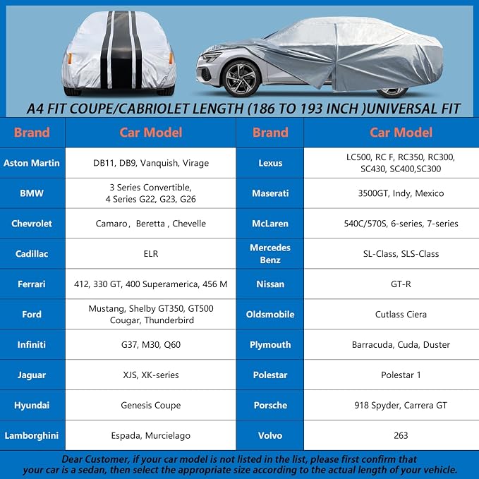 10-Layer Car Cover Waterproof All Weather for Automobiles | Outdoor Full Cover Snow Sun UV Protection Custom Fit Ford Mustang, Chevy Camaro XK,BMW 3 Series, A4 Length 186-193 inch