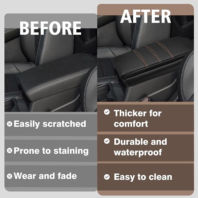 Muslogy Center Console Armrest Cover Fit for Honda CR-V 2023+ & CRV Hybrid Accessories, Comfort Armrest Pad Console Lid Cushion Vegan Leather 1-Inch Extra Thick (Black/Organge Trim)