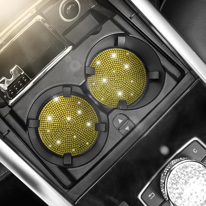 Osilly Bling Car Cup Holder Coaster, 2 Pack Crystal Rhinestone Anti-Slip Insert Coasters, Universal 2.75 Inch Fashion Automotive Cup Mat, Car Interior Accessories Decor Gifts for Women (Yellow)