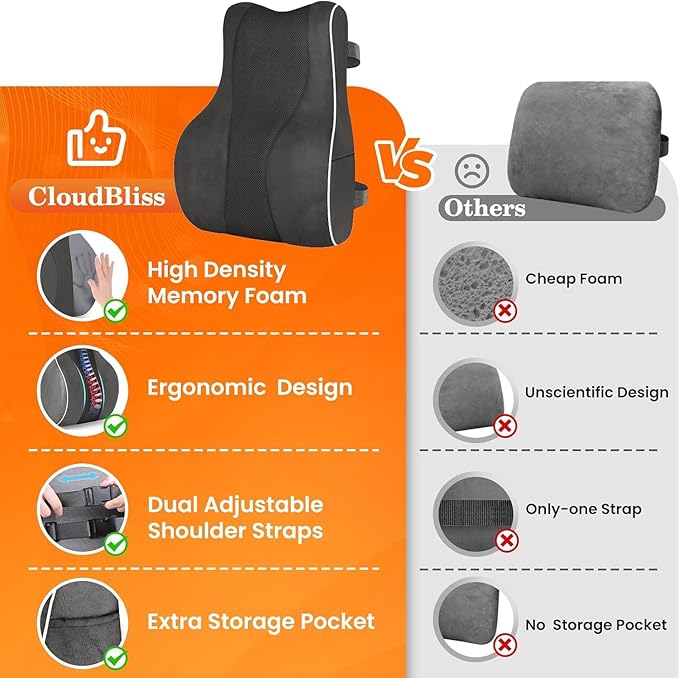 CloudBliss Ergonomic Lumbar Support Pillow Seat Cuhsion - Memory Foam for Lower Back Pain Relief, Adjustable Straps & Mesh Cover for Office, Gaming, Car Seat (Medium, Grey)