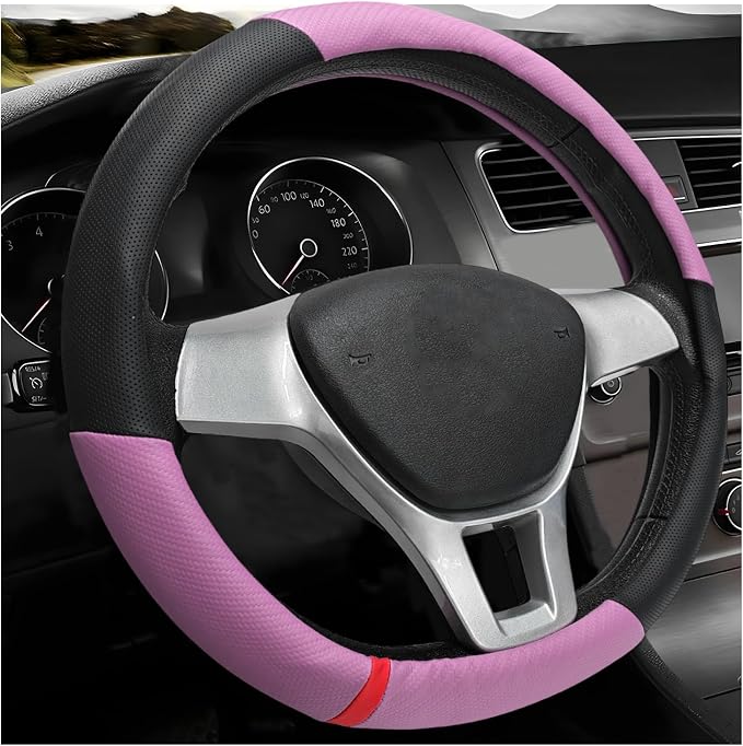 Car Steering Wheel Cover, Breathable Carbon Fiber Wheels Protective Cover Interior Accessories, Universal Anti Slip Protector for Most 14.5-15 Inch Steering Wheels (Pink)