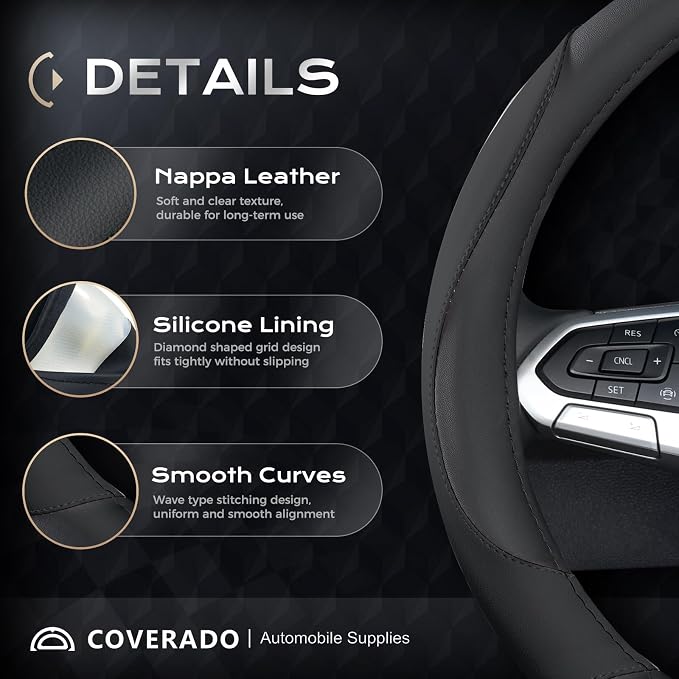 Coverado Car Steering Wheel Cover, Nappa Leather Black Steering Wheel Covers for Women, Universal 14-15 inch, Anti-Slip, Breathable Steering Wheel Protector