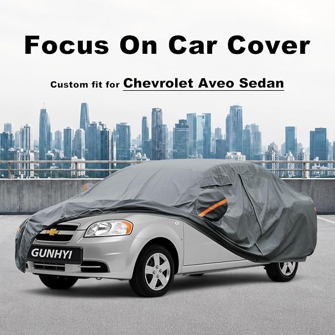 GUNHYI Premium Car Cover Custom Fit Chevrolet Aveo Sedan, 16 Layers Heavy Duty Car Cover Waterproof All Weather with Zipper Door for Sun Rain Snow Dust Uv Protection