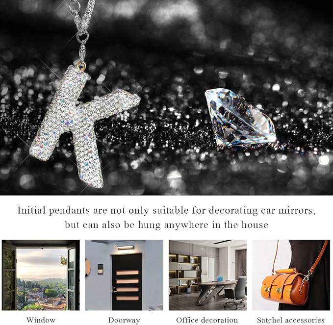 DXNQ Bling Initial Car Rear View Mirror Ornament, Crystal Sparkling Cute Letter Charm Pendant Auto Decor, Hanging Lucky Diamond Initial Charm Car Mirror Bag Ornament for Girl Women (Letter K)
