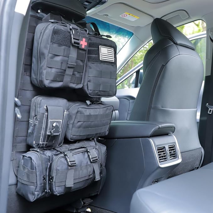 tactical car seat back organizer and storage truck seat covers with a Molle Vehicle Panel and 5 Different Size Molle Pouches for most models such as Jeep,SUV,Pickup(Black)