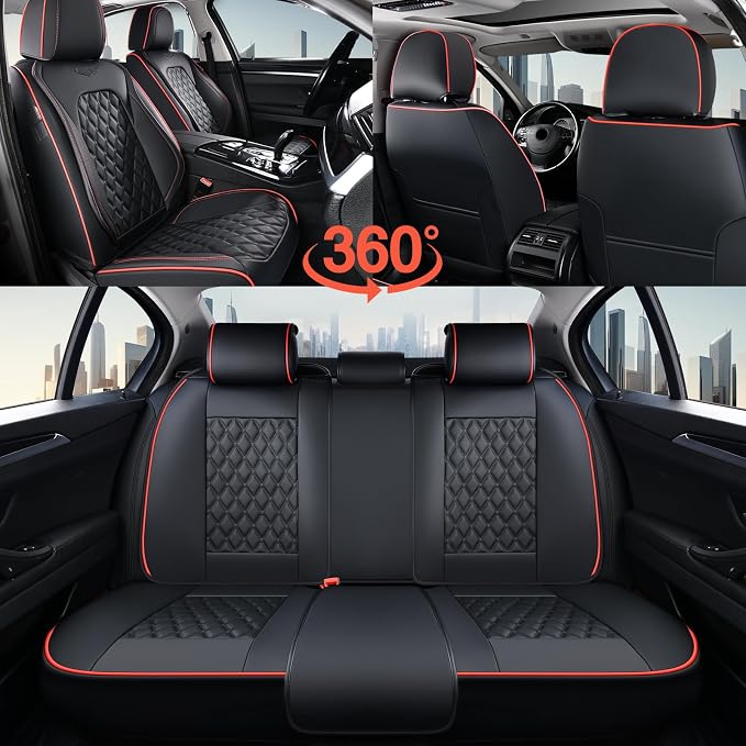 Coverado Full Set Car Seat Covers, Luxury Faux Leather Waterproof Seat Covers, 5-Seat Universal Fit, Front & Back Car Seat Protectors,Leather Seat Covers for Most Cars-Black & Red Line