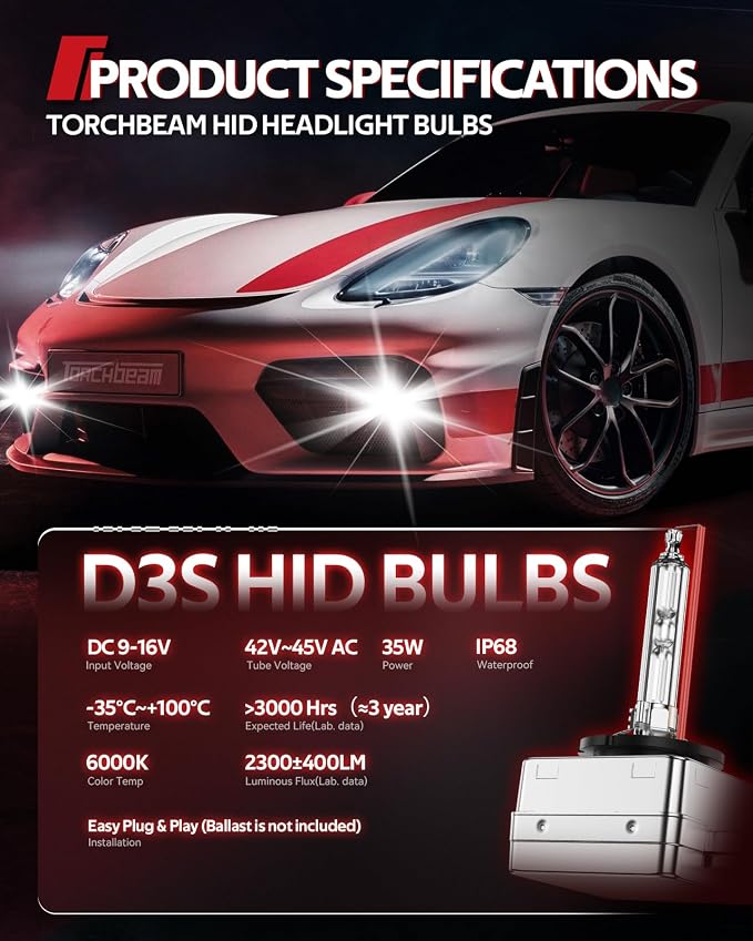 Torchbeam D3S HID Bulbs, 6000K Cool White, 35W 66340 42403 42302 (42403C1) Replace HID Xenon Bulbs, (Not fit Halogen Assembly), Pack of 2