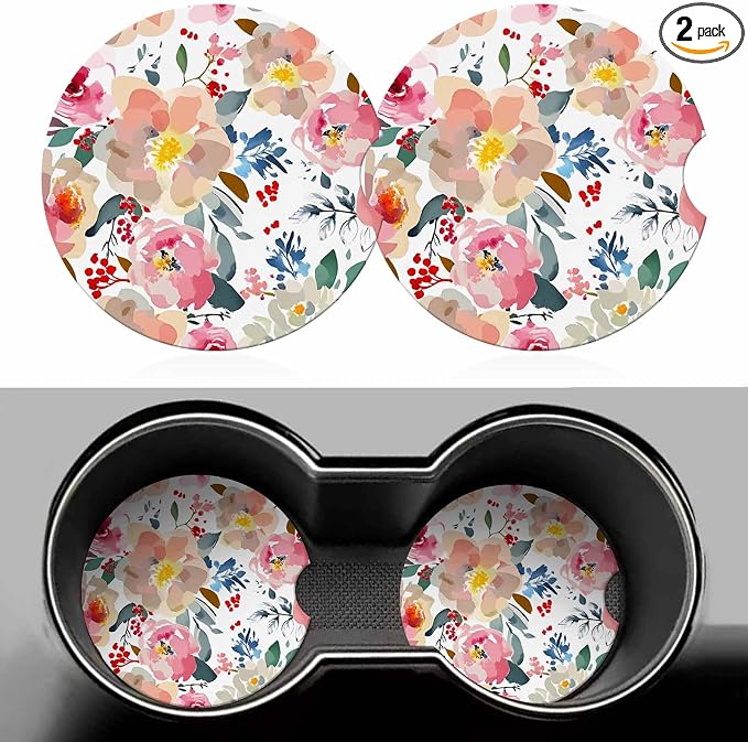 Romantic Floral 2 Pack Car Cup Holder Coaster Spring Garden Colorful Plants Anti Slip Insert Absorbent Ceramic Car Coaster with Cork Base and Finger Notch Cute Car Accessories Interior for Women Men