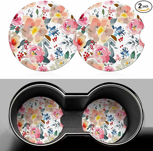 Romantic Floral 2 Pack Car Cup Holder Coaster Spring Garden Colorful Plants Anti Slip Insert Absorbent Ceramic Car Coaster with Cork Base and Finger Notch Cute Car Accessories Interior for Women Men