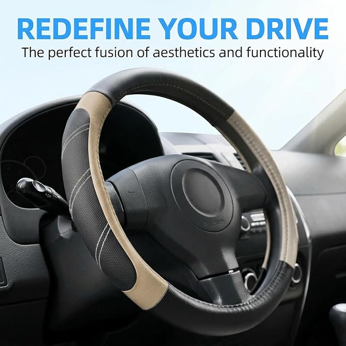 Osilly Car Steering Wheel Cover, 14.5-15" Leather Breathable Anti-Slip Stylish Steering Wheel Protector, Comfortable Auto Interior Decoration Accessories, Universal for SUV Van Truck (Black Beige)