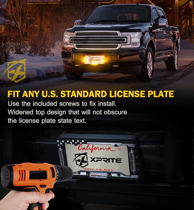 Xprite 36 LED License Plate Strobe Light, US Flag Front/Rear Utility Lights, 22 Modes Caution Frame for Construction Towing Snow Plow Pickup Work Trucks Cars - Amber (w/Pre-Installed 9FT Cable)