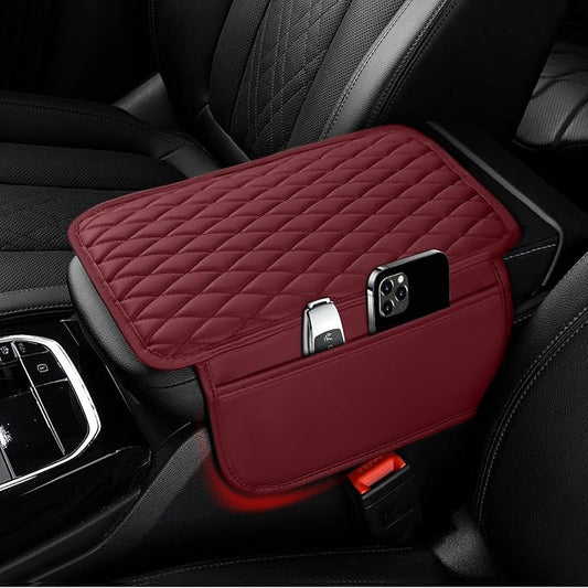 Ouzorp Car Center Console Cover, Upgraded Microfiber Leather Car Arm Rest Cover with 2 Storage Bags, Universal Armrest Cover for Car Storage Box Car Interior Accessories Protector for Most Vehicle-Red