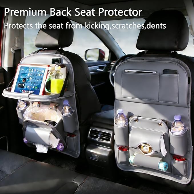 Car Backseat Organizer with Foldable Table Tray, Leather Seat Back Organizer with Trash Bin, Tablet Holder, Kick Mat Protector, Back Seat Storage for Cars, Gray