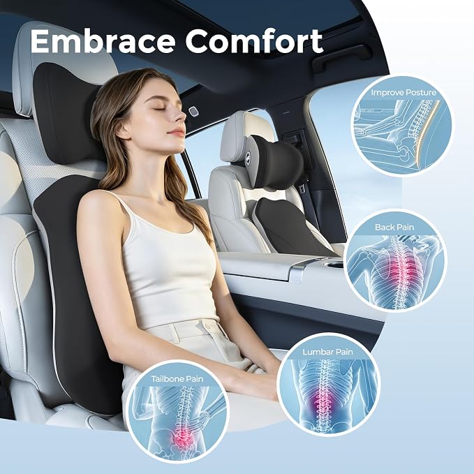 BABUR Lumbar Support Pillow for Car, Back Cushion Support for Driving Seat | Ergonomic 100% Memory Foam, Back Pain Relief, Comfort Lower Back Support for Office Chairs, Car Seat, Wheelchair