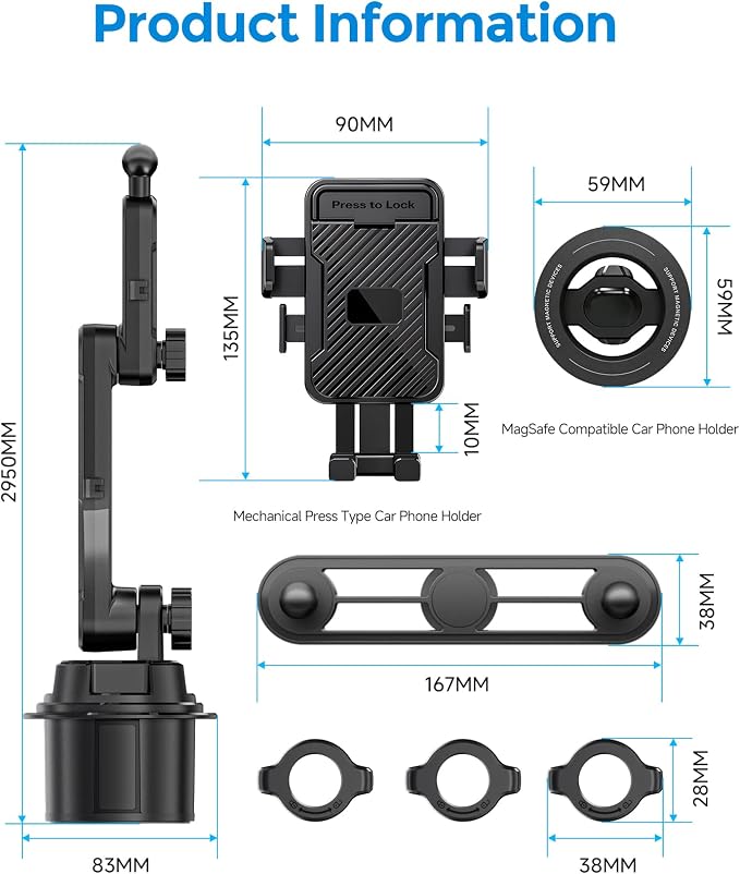 Dual Cup Holder Phone Mount for Car, MagSafe & Clamp Holder | Dual Cup Holder Phone Mount for Car, MagSafe & Clamp Holder, 360° Long Arm, Fits iPhone 12-17 & 4-7.2" Phones