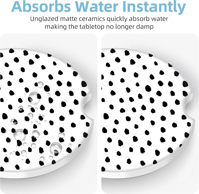 2 Pack Car Coasters for Cup Holders, 2.56" Universal Absorbent Ceramic Stone Car Cup Holder Coasters with Non-Slip Cork Base, Car Interior Accessories for Women Men(Polka Dots)