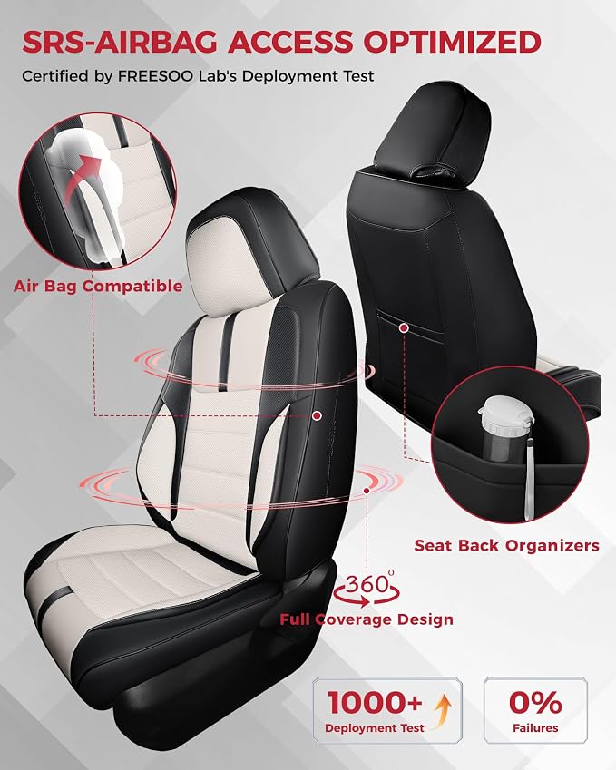 FREESOO Universal Full Seat Covers, Waterproof Faux Leather Automotive Seat Covers with Carbon Fiber Texture Seat Belt Pads, Anti-Slip Airbag Compatible Car Seat Covers for Cars SUVs Trucks