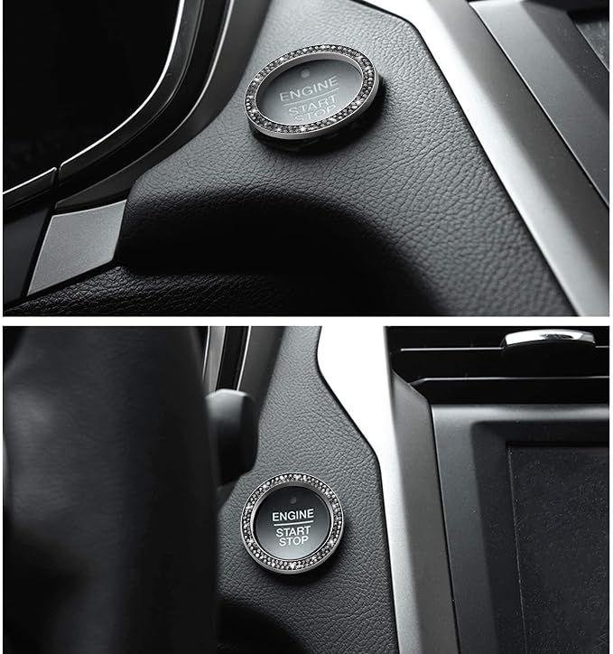 WINKA 2pcs Bling Car Engine Start Button Cover Diamond Crystal Push Start Stop Button Ring Sparkly Bling Ignition Button Cover Rhinestone Keyless Ignition Ring Universal Car Accessories (Silver)