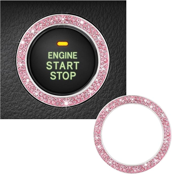 Kewucn Bling Crystal Double Rhinestone Car Engine Start Decoration Ring, Sparkling Push Start Button Sticker, Key Ignition & Knob Ring Decoration, Bling Car Interior Accessory(Pink)