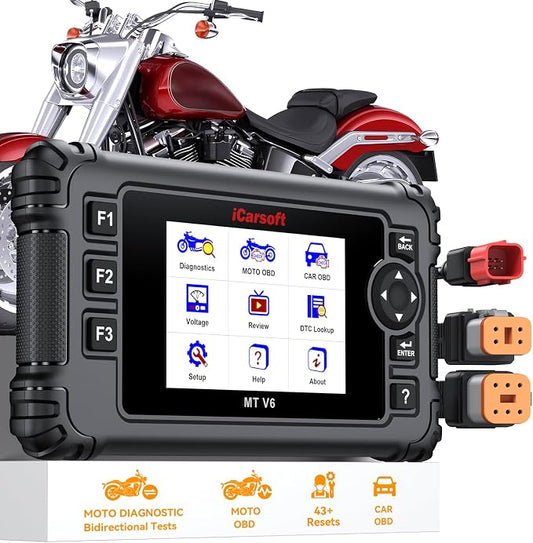 iCarsoft MT V6 Motorcycle Diagnostic Scan Tool for Harley, 57 Reset Services, 43 Actuation Test, Battery Test, All Motorbike System Diagnose, Read/Clear Codes, Live Data,Also Car OBD2 Diagnose